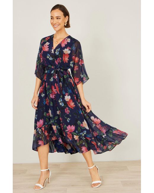 Yumi' Blue Floral Kimono Wrap Dress With Dip Hem