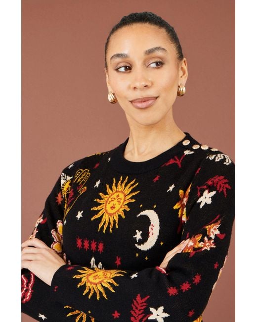 Yumi' Black Cosmic Intarsia Knitted Tunic Dress