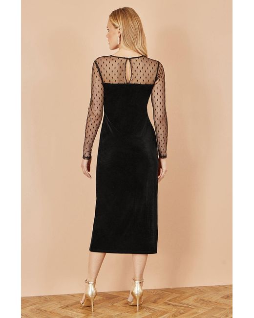 Yumi' Natural Velvet Midi Dress With Slash Neckline And Sheer Sleeves