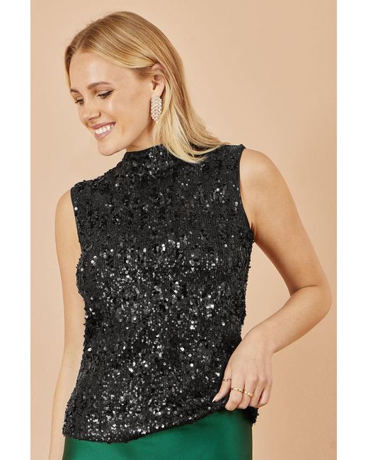 Yumi' Black Sequin High Neck Top