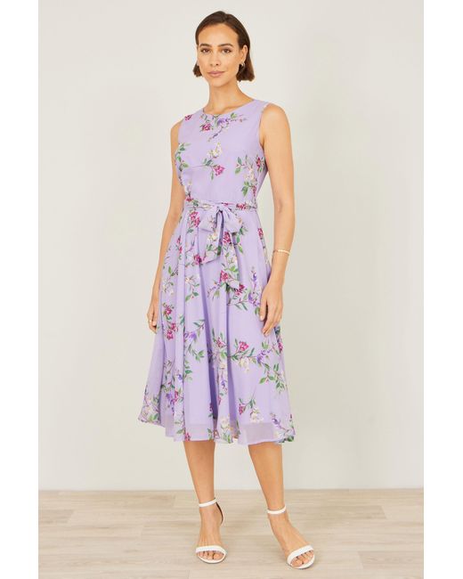 Yumi' Purple Floral Print Midi Skater Dress