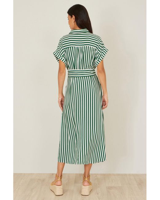 Yumi' Green Stripe Print Relaxed Midi Shirt Dress With Belt