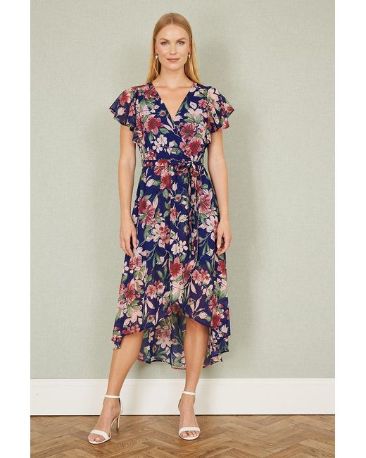 Yumi' Blue Floral Wrap Midi Dress With Frill Hem