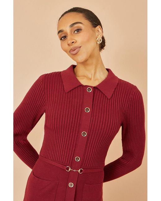 Yumi' Red Rib Knit Midi Shirt Dress With Snaffle Belt