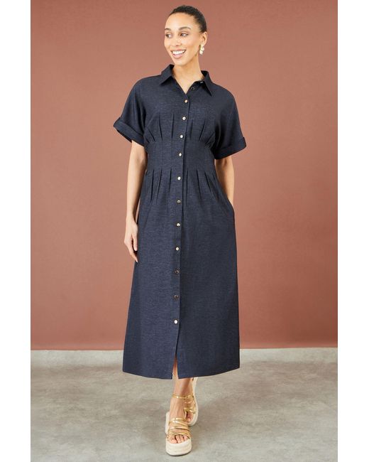 Yumi' Blue Stretch Midi Shirt Dress