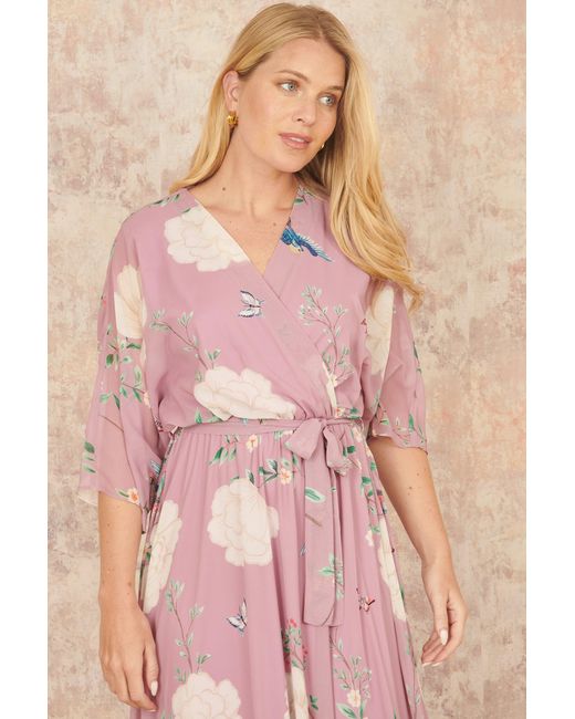 Yumi' Pink Bird And Floral Print Midi Wrap Dress
