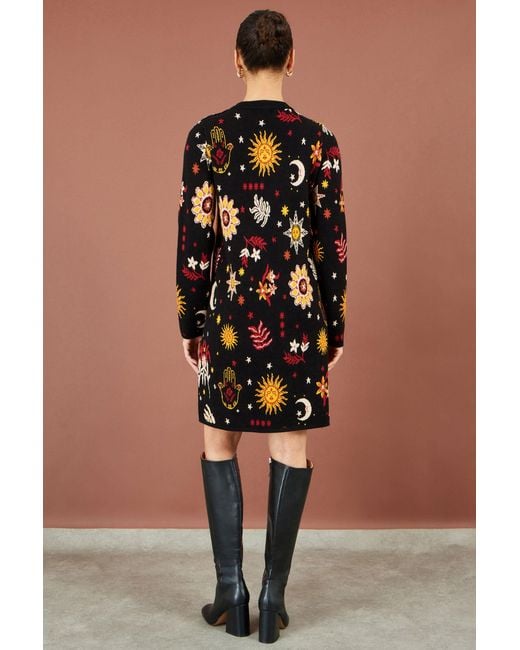 Yumi' Black Cosmic Intarsia Knitted Tunic Dress