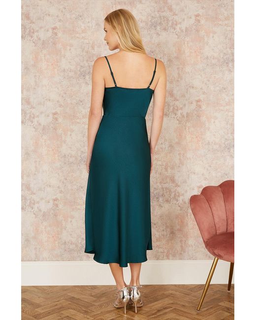 Yumi' Blue Satin Cowl Neck Midi Slip Dress