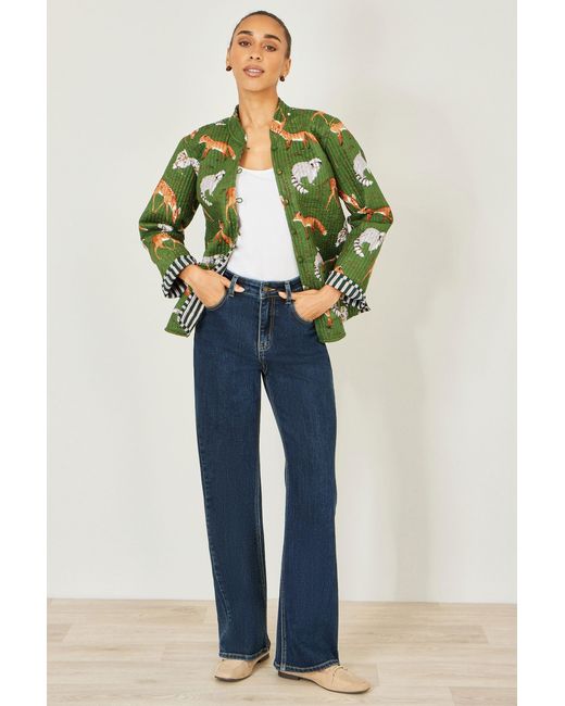Yumi' Green Fox Print Reversible Cotton Quilted Jacket