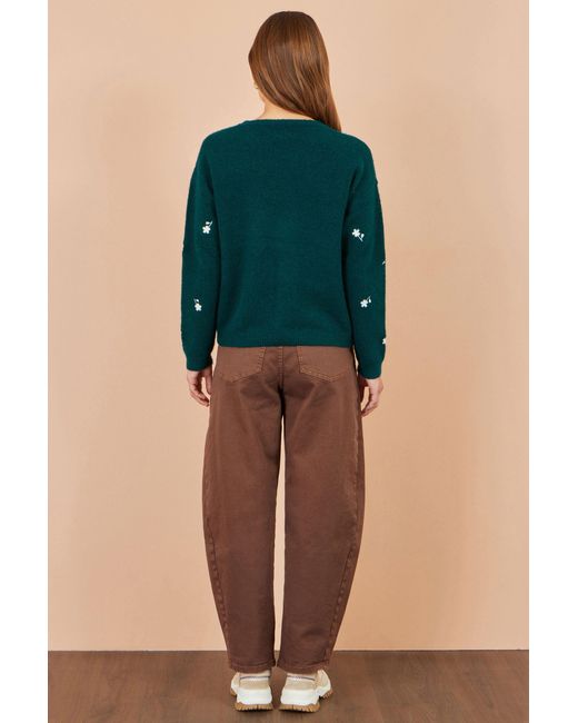 Yumi' Green Daisy Embroidered Relaxed Jumper