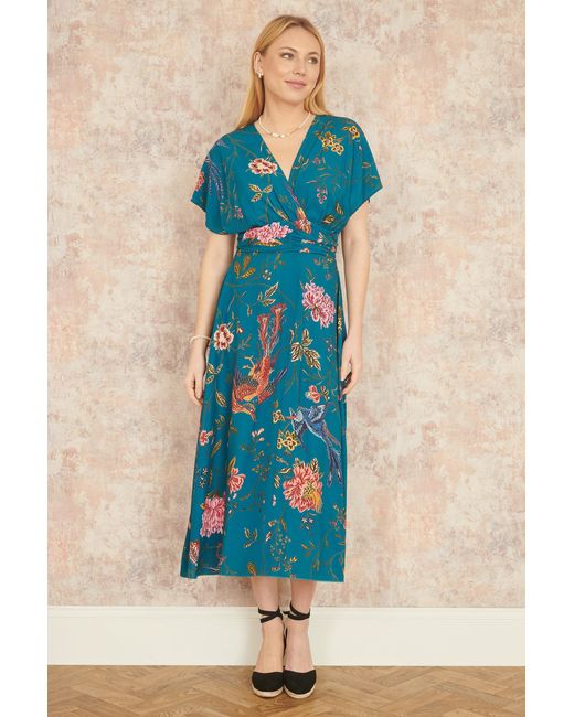 Yumi' Blue Bird And Floral Print Ruched Waist Kimono Midi Dress