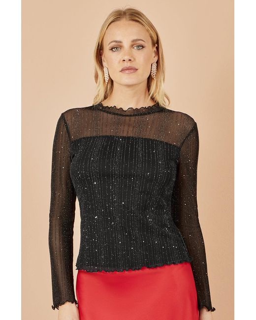 Yumi' Black Sparkle Print Mesh Stretch Fitted Top