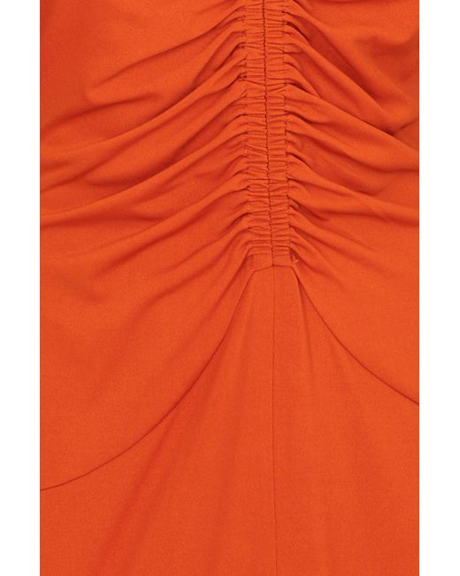 Yumi' Orange Ruched Front Stretch Midi Dress