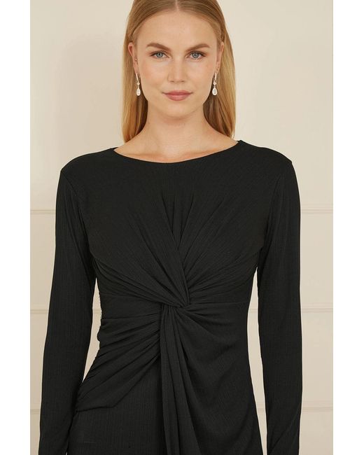 Yumi' Black Midi Fitted Stretch Dress With Knot Detail