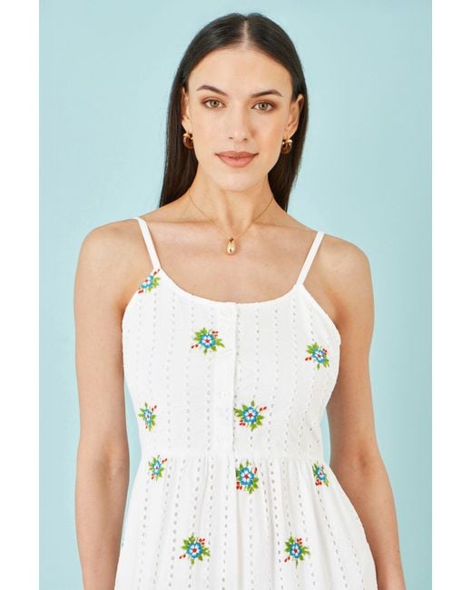 Yumi' Blue Cotton Embroidered Broderie Anglaise Midi Sun Dress