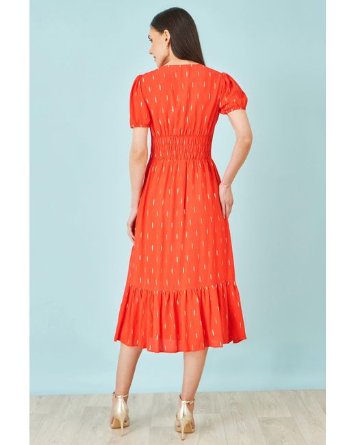 Yumi' Red Foil Print Viscose Cut Out Midi Dress