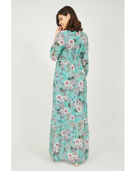 Yumi' Green Tropical Palm Print Maxi Dress