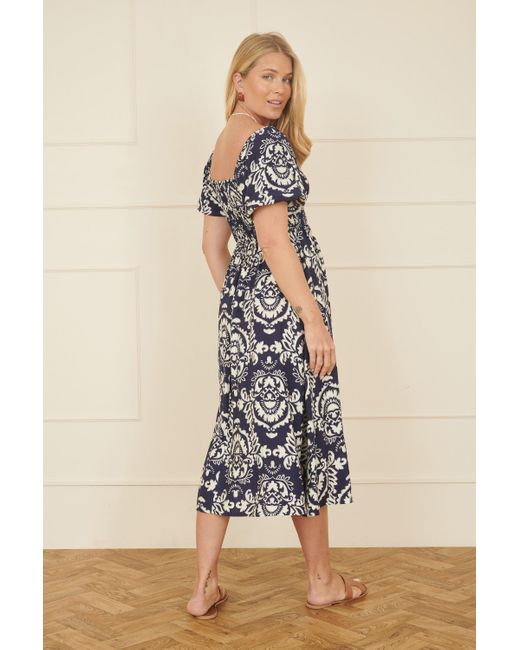 Yumi' Blue Aztec Print Ruched Midi Dress