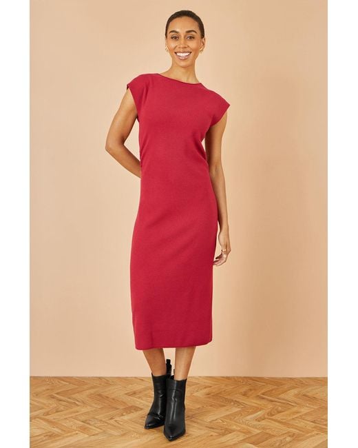 Yumi' Pink Knitted Ruched Midi Dress