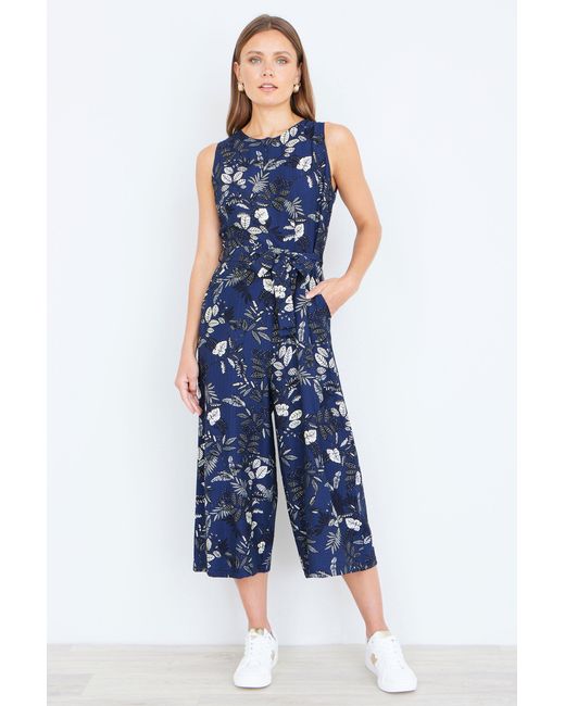 Yumi' Blue Leaf Culotte Jumpsuit