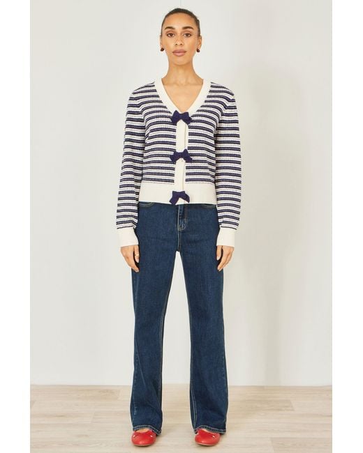Yumi' Blue Multicolour Block Stripe Tie Front Cardigan
