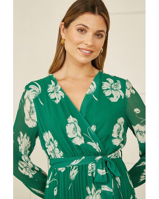 Yumi' Green Floral Pleated Midi Wrap Long Sleeve Dress