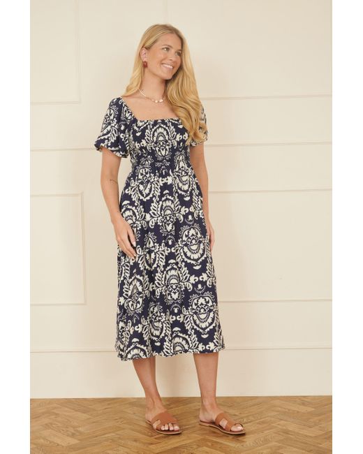 Yumi' Blue Aztec Print Ruched Midi Dress