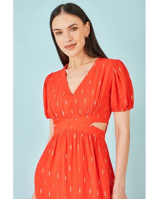 Yumi' Red Foil Print Viscose Cut Out Midi Dress
