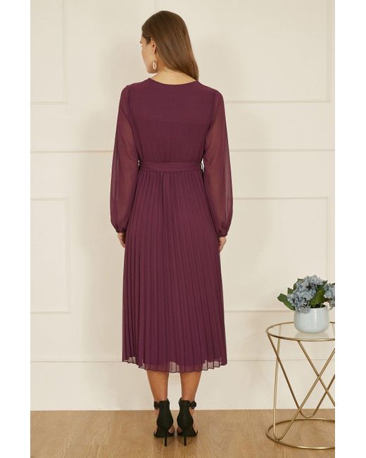 Yumi' Purple Plum Pleated Wrap Midi Dress With Sheer Long Sleeves