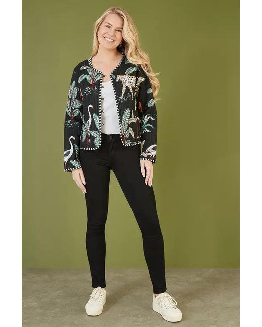 Yumi' Green Animal Print Reversible Cotton Cropped Quilted Jacket