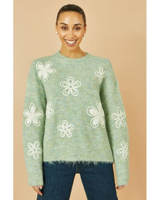 Yumi' Green Relaxed Knitted Jumper With Crochet Flowers
