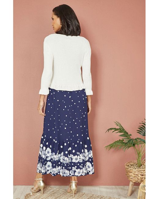 Yumi' Blue Ivory Tie Up Ribbed Cardigan With Frill Hem