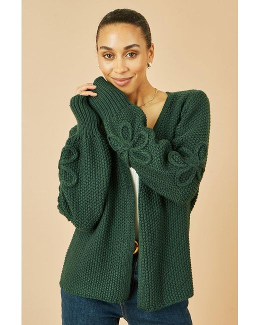 Yumi' Green Edge To Edge Cardigan With Flower Detail Sleeves