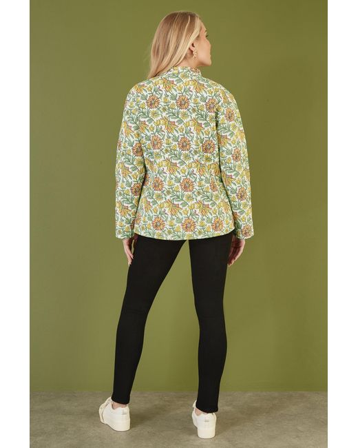 Yumi' Green Floral Print Reversible Cotton Quilted Jacket