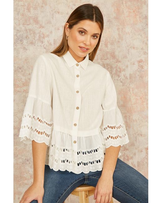 Yumi' Natural Linen Relaxed Shirt With Scallop Trims