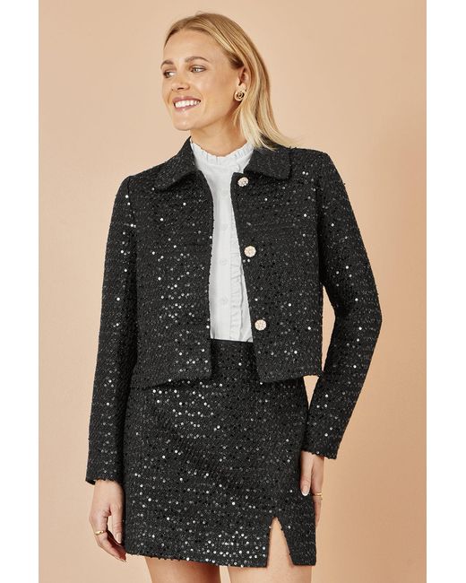 Yumi' Black Boucle Sequin Jacket With Pearl Buttons