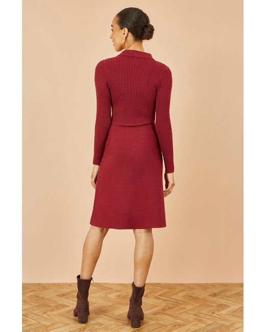 Yumi' Red Rib Knit Midi Shirt Dress With Snaffle Belt