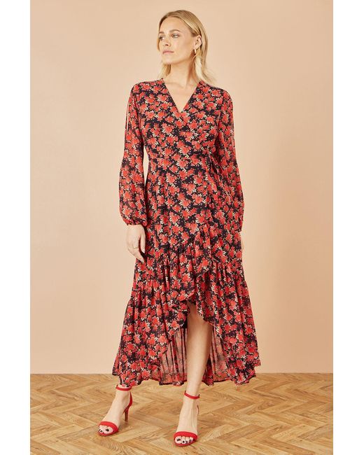 Yumi' Red Rose Print Dipped Hemline Midi Dress With Open Long Sleeves