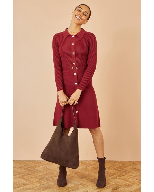 Yumi' Red Rib Knit Midi Shirt Dress With Snaffle Belt