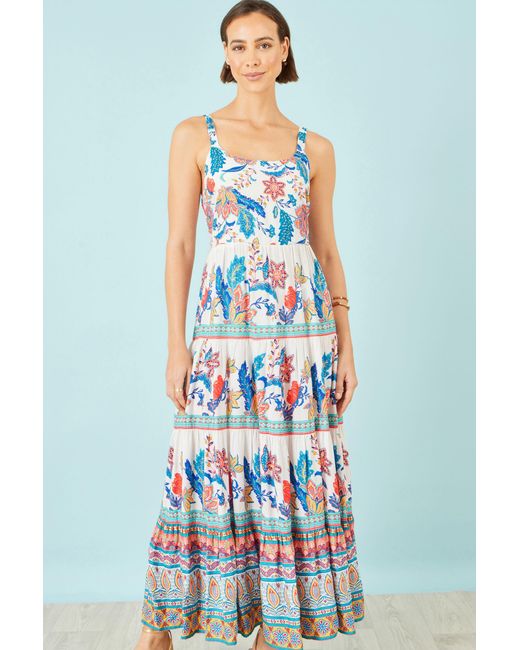 Yumi' White Boho Block Print Tiered Maxi Dress