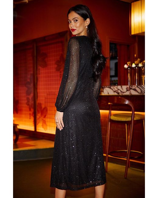 Yumi' Red Sequin Long Sleeve Midi Dress