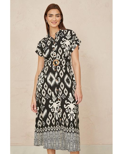 Yumi' Natural Abstract Geo Print Relaxed Midi Shirt Dress With Belt