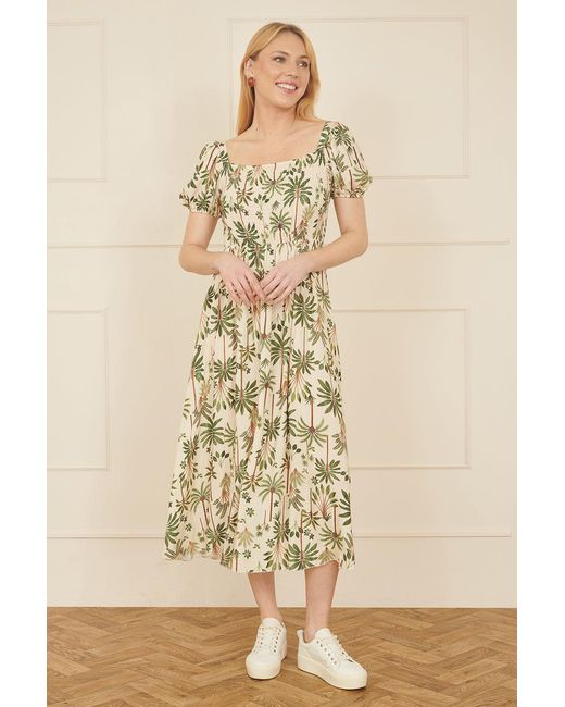 Yumi' Natural Cotton Palm Print Ruched Midi Dress