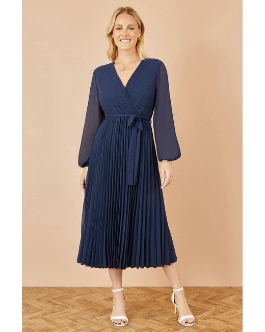 Yumi' Blue Pleated Wrap Midi Dress With Sheer Long Sleeves
