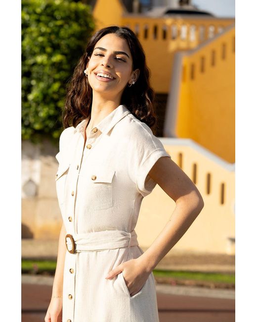 Yumi' Natural Stone Viscose Linen Look Midi Shirt Dress With Wooden Belt