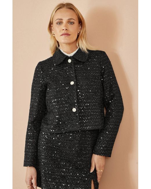 Yumi' Black Boucle Sequin Jacket With Pearl Buttons
