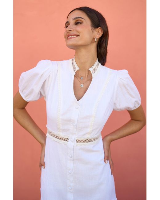 Yumi' White Cotton Lace Trim Skater Shirt Dress