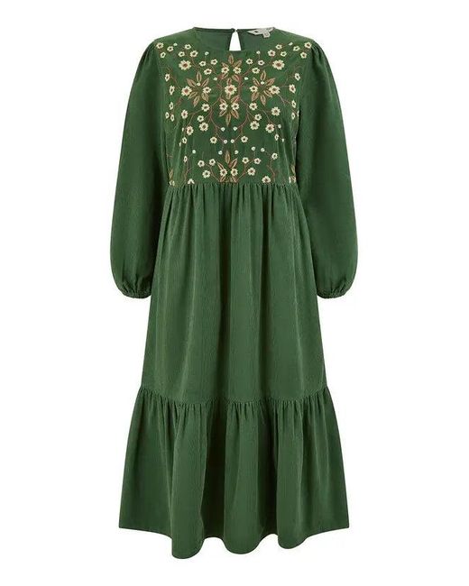 Yumi' Green Floral Embroidered Bodice Tiered Midi Dress