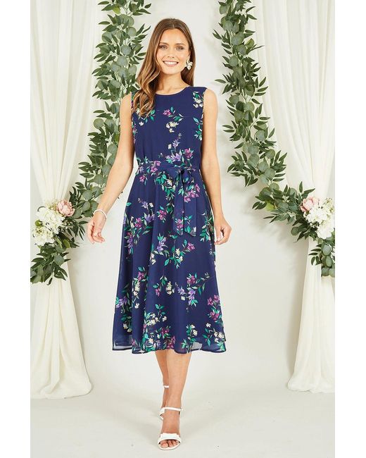Yumi' Blue Floral Print Midi Skater Dress