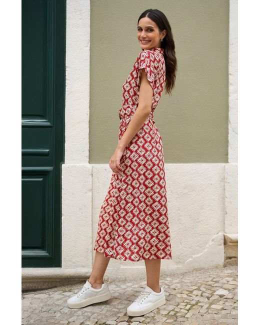 Yumi' Red Viscose Midi Shirt Dress With Matching Belt